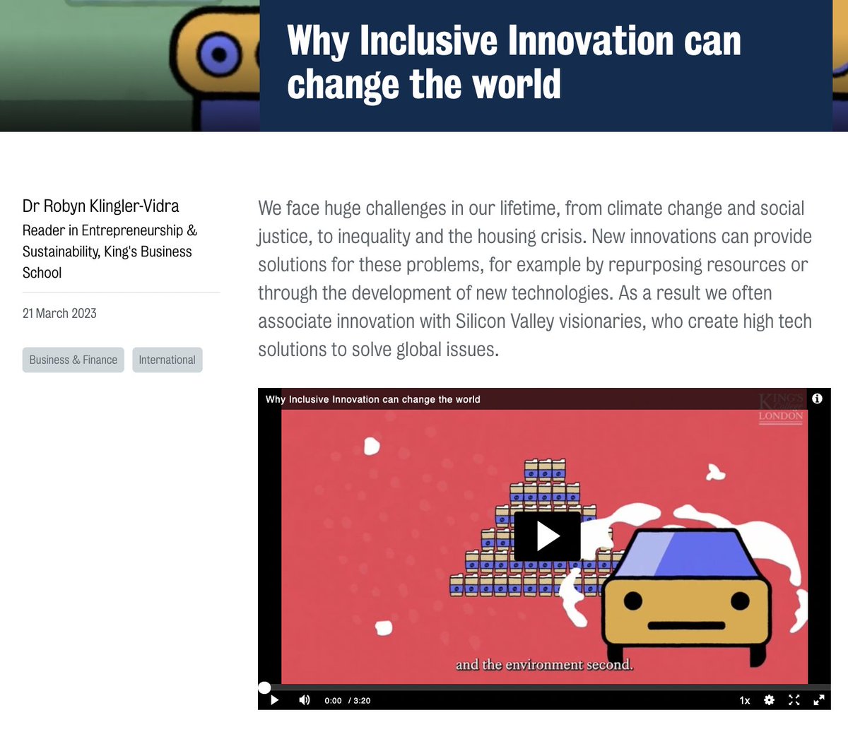 What is #Inclusive #Innovation? In this @kingsbschool video, we share examples from the inspiring innovators @alex_glennie, @cocosavie & I feature in our 📗, and detail 3 core attributes: (1) broader than IT (2) people & planet (3) collaborative, processes > heropreneur