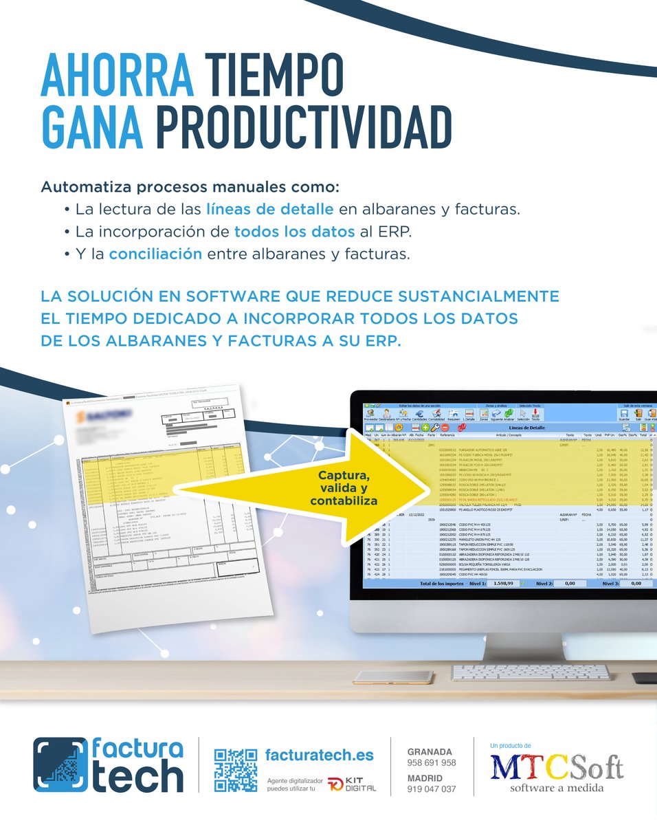 Módulo de líneas de detalle. Extrae las líneas de detalle en albaranes y facturas. Incorpora todos los datos en tu ERP.

Si tienes AhoraERP de <a href="/AhoraFreeware/">AHORA</a> además disponemos de conciliación entre albaranes y facturas.

Más información en 958.691.958 o info@facturatech.es
