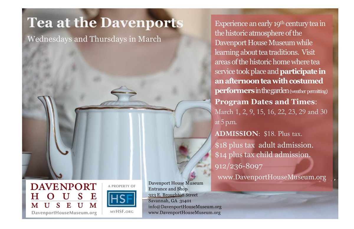 Tea traditions and an early 19th century tea in the historic atmosphere of Davenport House Museum. Tea will be served in the Museum’s garden at the end of the program.   Costumed interpreters will join guests for refreshment and conversation. ow.ly/EZXc50NqlXZ
#tea #garden