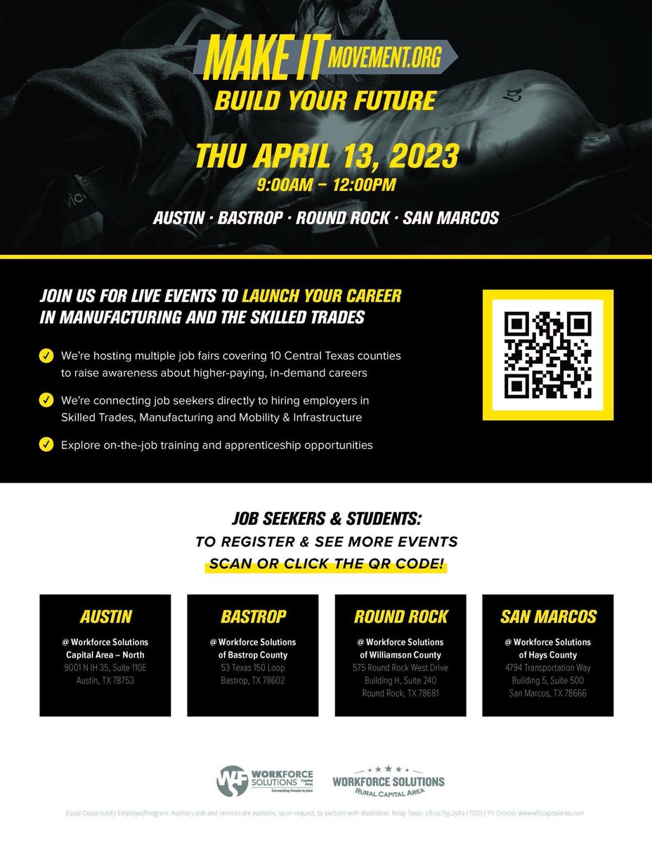 WFSRuralCapJobs's tweet photo. 🚨Job Fair Alert!🚨Don’t Miss the @MakeItMovement: Build Your Future Hiring Events on April 13; Launch Your Career in #Manufacturing &amp; #SkilledTrades:
📍  #Austin #BastropTx #RoundRockTX &amp; #SanMarcosTX
📲 Register: https://t.co/u6jX2SkIo8

#jobfair #nowhiring #MakeitMovement https://t.co/fj3ctPVMVL