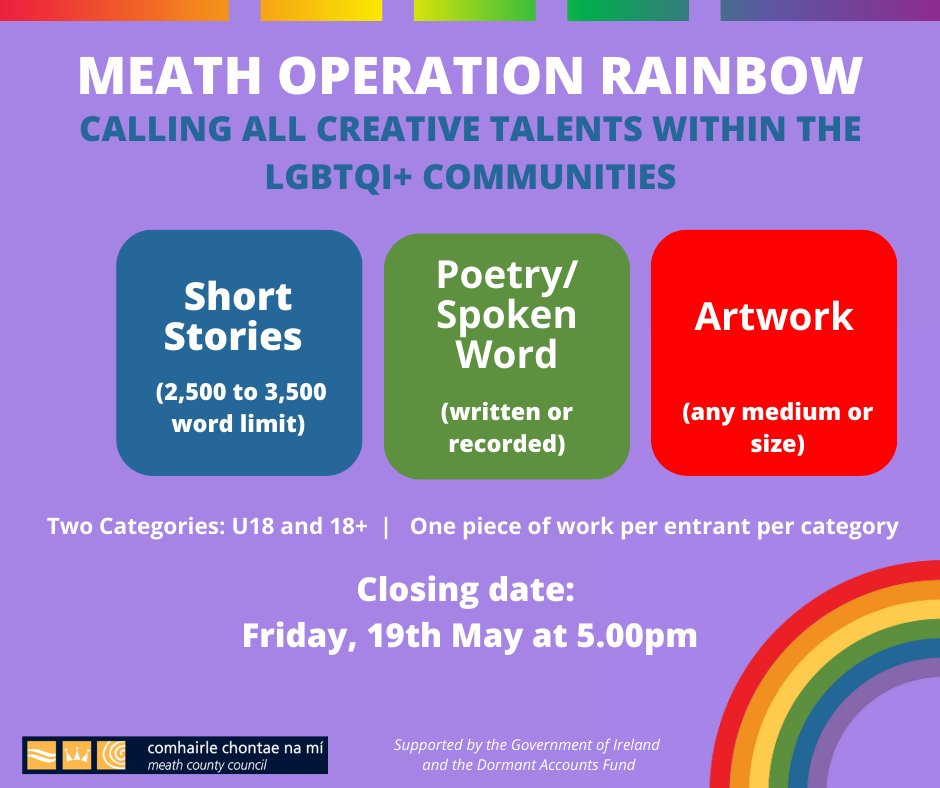 meathcoco's tweet photo. Meath County Library would like to invite all creative talents within the LGBTQI+ communities to submit entries to the Meath #OperationRainbow competition.
For further details please see https://t.co/rwHhV8aqVQ https://t.co/SQDASimdgC