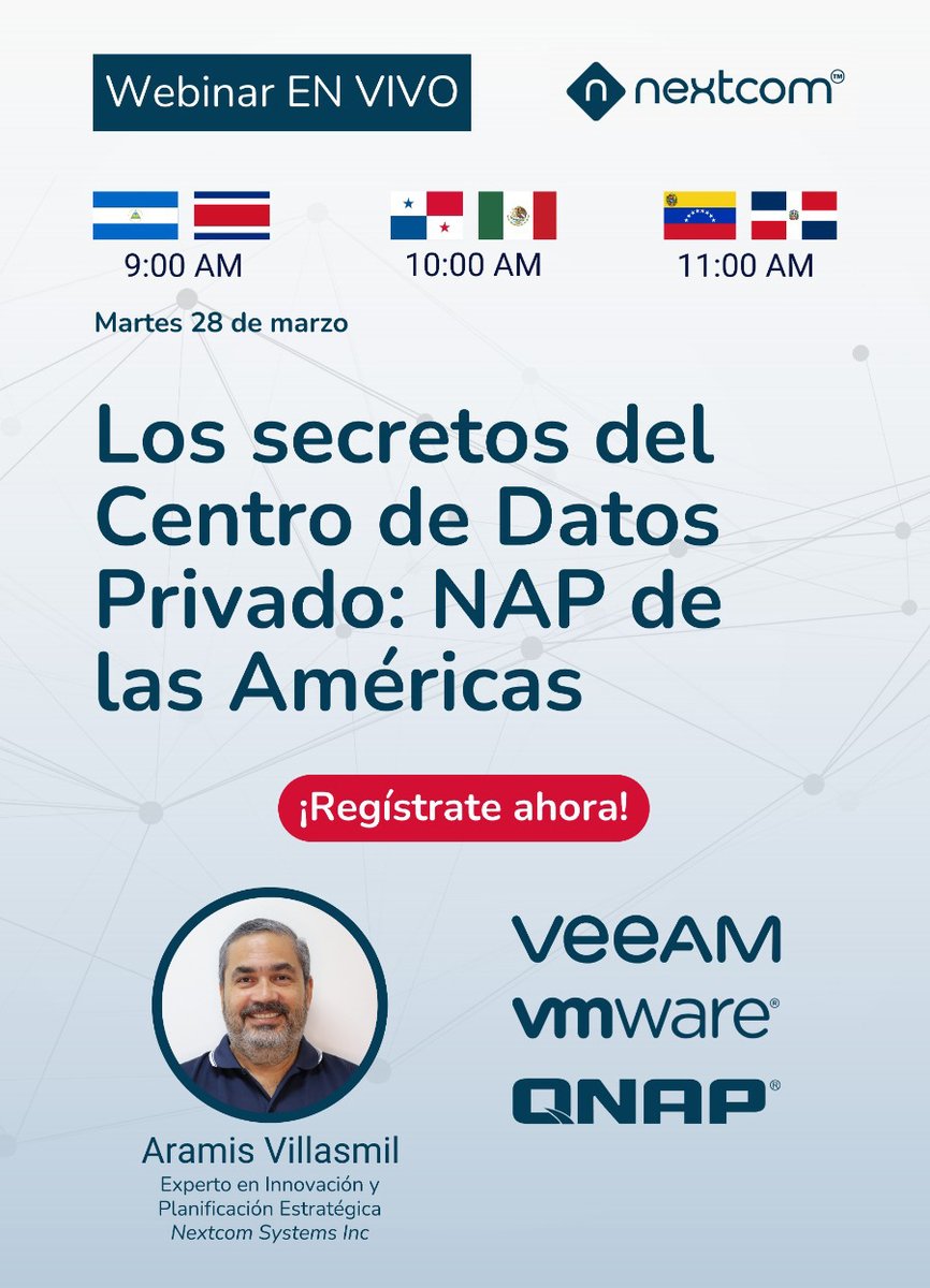 nextcomsystems's tweet photo. Te invitamos este martes 28 de Marzo a nuestro #WEBINAR: Los secretos del Centro de Datos Privado: NAP de las Américas.
Regístrate gratis en el siguiente enlace 👉 https://t.co/KMqh6GbBPe
#centrodedatos #napdelasamericas #datacenter #qnap #wmware #veeam https://t.co/Pj37zx0wvV