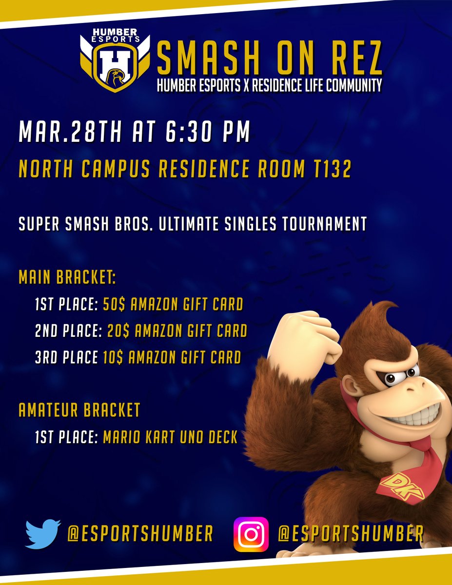 HumberEsportsGG's tweet photo. 💥NEXT TUESDAY💥

We're bringing Super Smash Bros. Ultimate to Humber North Campus residence!

Main and amateur double elimination brackets to compete in with prizing 🏆

📍 Room T132
📝 Sign up starts @ 6:30pm
⏰ Bracket starts @ 7pm

Open to students living on res. https://t.co/NnamrgwE6k