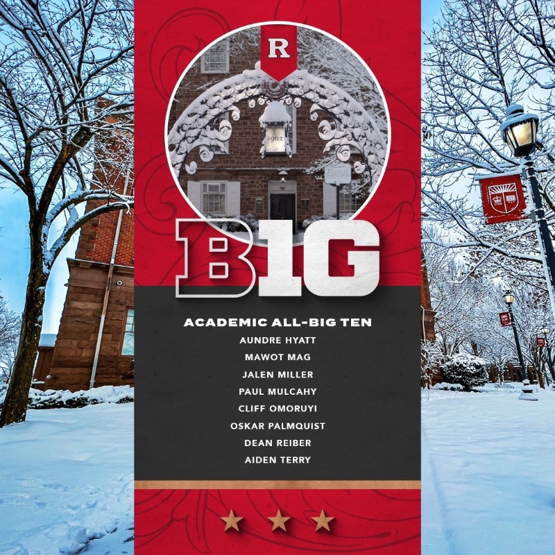 RutgersMBB's tweet photo. Eight members of the 2022-23 Scarlet Knights basketball team have been selected as Winter Academic All-Big Ten!

#TheKnighthood🛡️⚔️