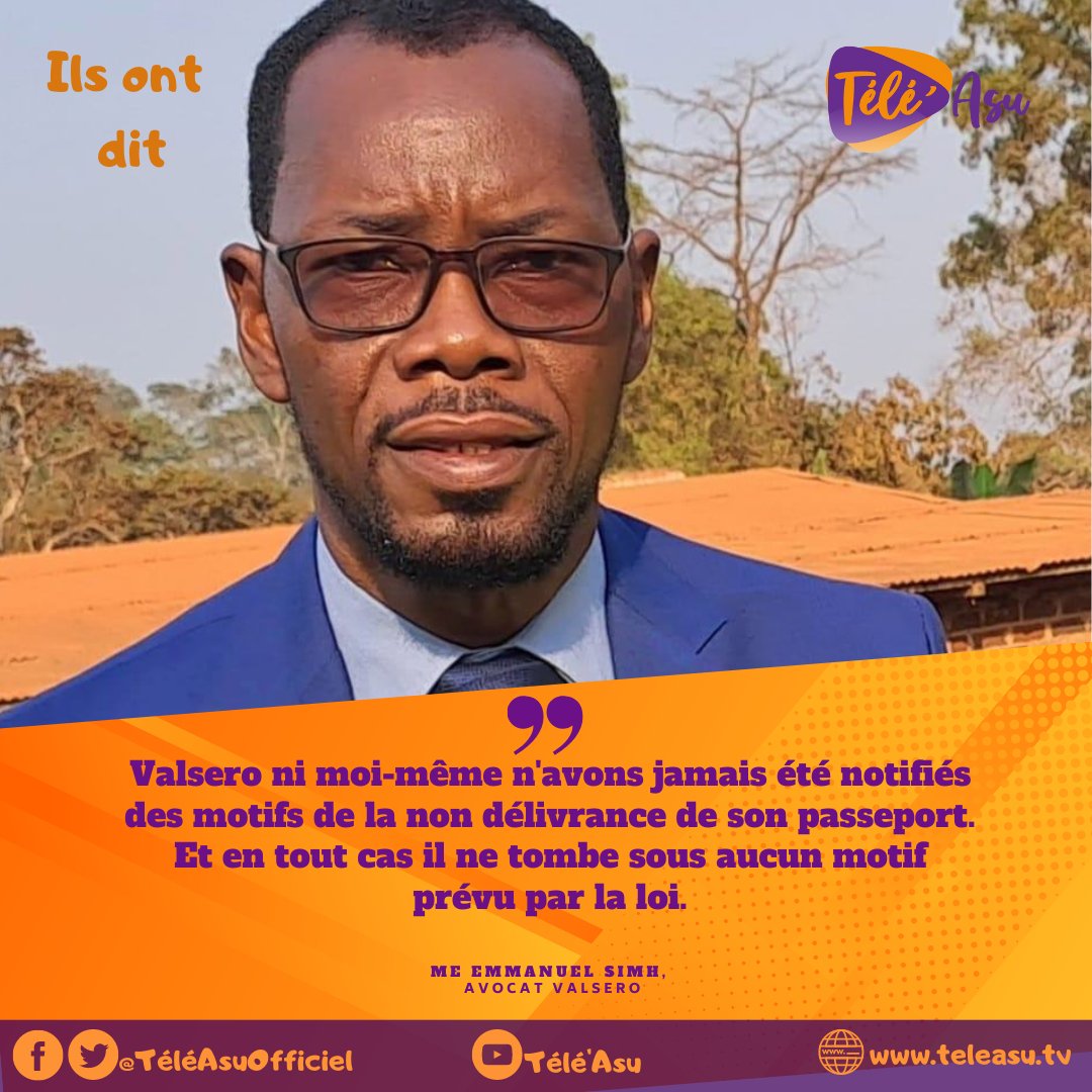 TeleAsuOfficiel's tweet photo. "#Valsero ni moi-même n'avons jamais été notifiés des motifs de la non délivrance de son passeport. Et en tout cas il ne tombe sous aucun motif prévu par la loi".

Me Emmanuel Simh, avocat Valsero

#IlsOntDit 

LIRE: https://t.co/KBskmhBKBB https://t.co/kaSWPsLwO7