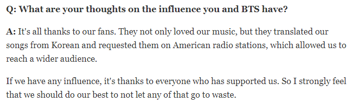 btschartsxdaily's tweet photo. Nikkei Asia - #JIMIN Interview (7)

Q: What are your thoughts on the influence you and BTS have?

"It's all thanks to our fans. They not only loved our music, but they translated our songs from Korean and requested them on American radio stations, which allowed us to reach a+ https://t.co/wvVzUC9uLV