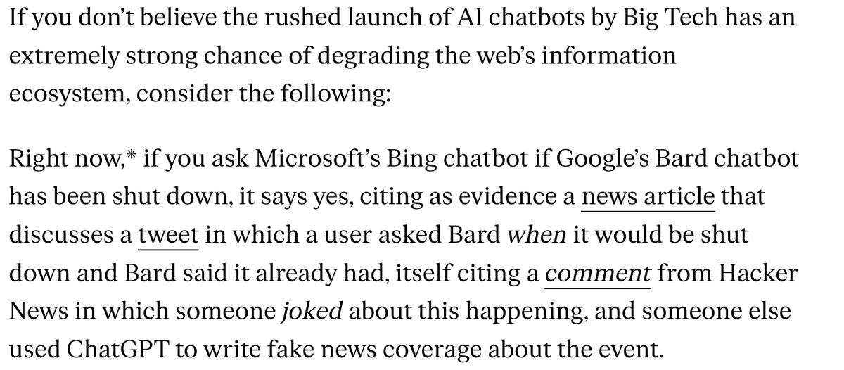 aconnersimons's tweet photo. No, yeah, this will definitely end completely fine for me and you and everyone we know, and disinformation will never be a thing again. (v/@jjvincent)

https://t.co/sD1pGUpi8v

#ChatGPT3 #Bing #Bard https://t.co/QGqvrxgrLz