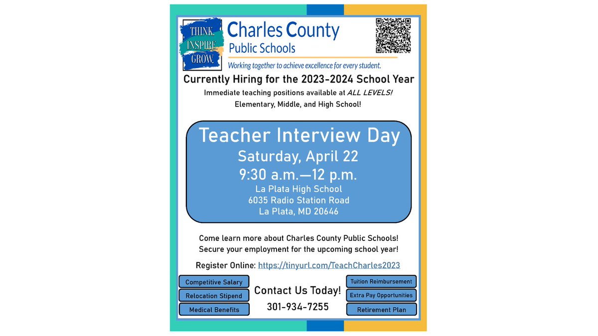 CCPS's tweet photo. Want to teach for Charles County Public Schools (CCPS)? CCPS is hosting a day of teacher interviews on Saturday, April 22, at La Plata High School from 9:30 a.m. to 12 p.m. Register here to participate: https://t.co/t0HLLPVySs. https://t.co/smGZuVOxuG