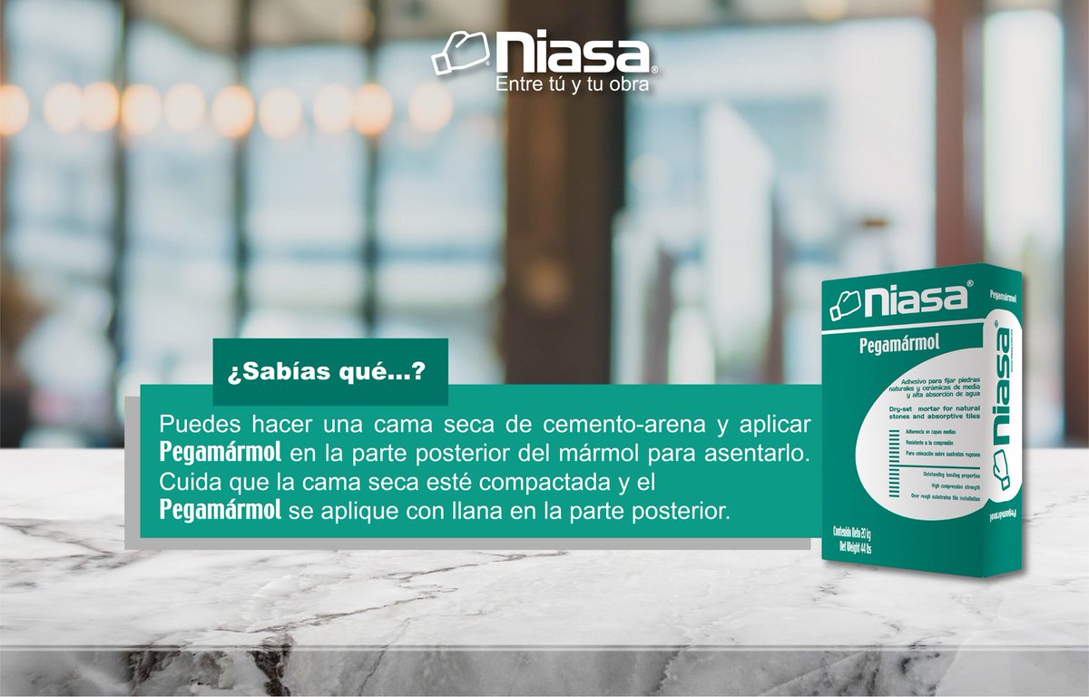 NiasaMexico's tweet photo. ¿Sabías qué? Puedes hacer una cama seca de cemento-arena y aplicar Pegamármol en la parte posterior del mármol para asentarlo. Cuida que la cama seca esté compactada y el Pegamármol se aplique con llana en la parte posterior.
#Pegamármol #Niasa #JuntosSomosProfesionales https://t.co/qCpJ9PSvso