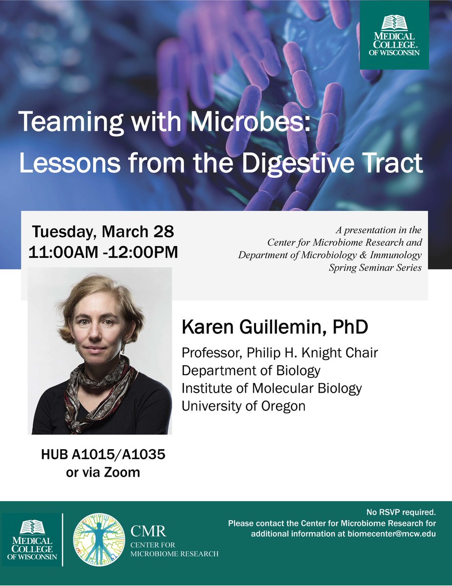 Welcome Professor and Philip H. Knight Chair <a href="/UOBiology/">UO Biology</a> in the Institute of Molecular Biology, Karen Guillemin, PhD, who will be presenting "Teaming with Microbes: Lessons from the Digestive Tract" in conjunction with the Center for Microbiome Research today at 11AM in the HUB.