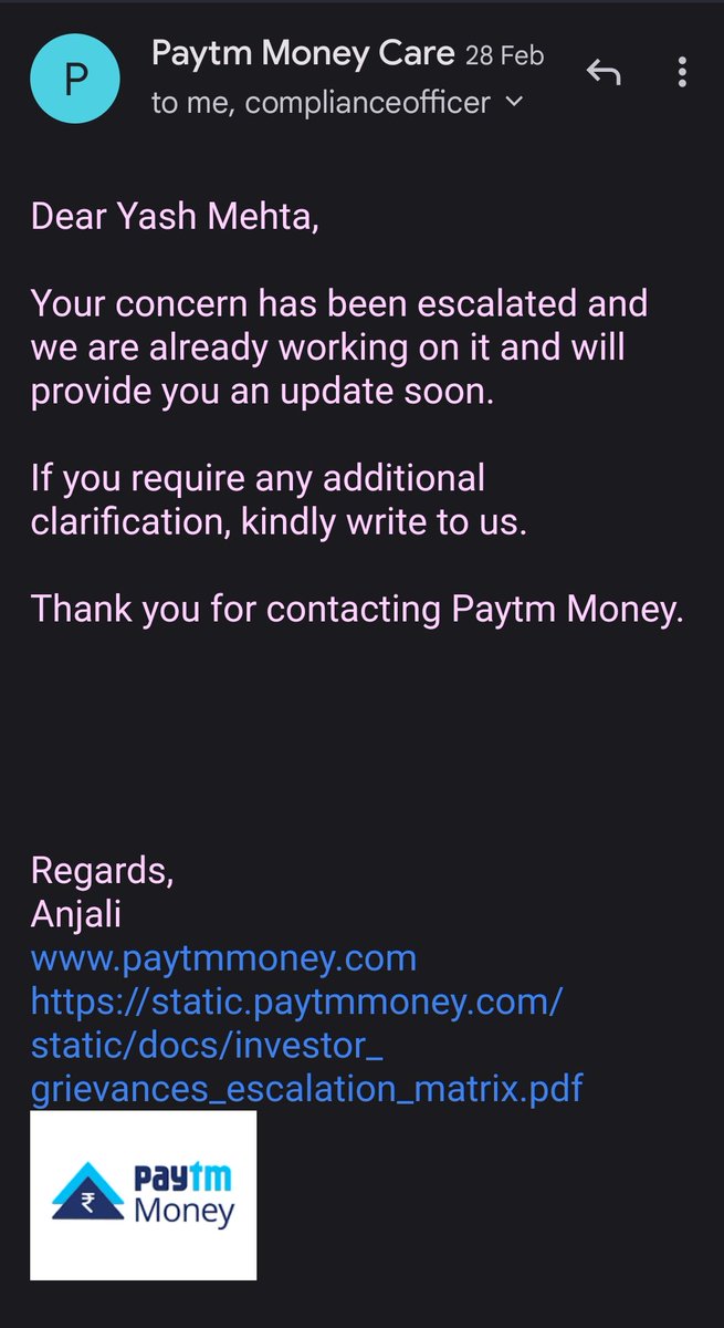 YashSMehta's tweet photo. Facing a terrible experience with @PaytmMoney. Issue raised on 19th January is still unresolved. I have received 7 mails over 2 months from them with the same reply everytime. 

Even escalation to compliance officer does not help. @vijayshekhar @SridharVarun https://t.co/WNi7cvVZVA