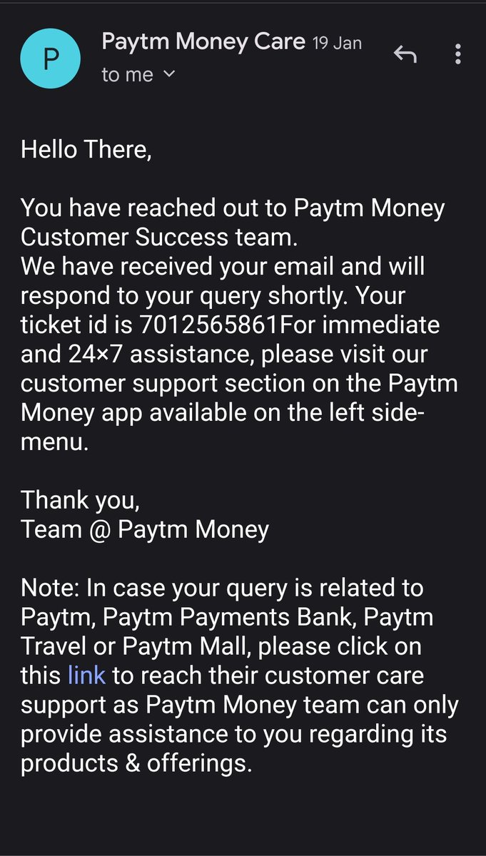 YashSMehta's tweet photo. Facing a terrible experience with @PaytmMoney. Issue raised on 19th January is still unresolved. I have received 7 mails over 2 months from them with the same reply everytime. 

Even escalation to compliance officer does not help. @vijayshekhar @SridharVarun https://t.co/WNi7cvVZVA