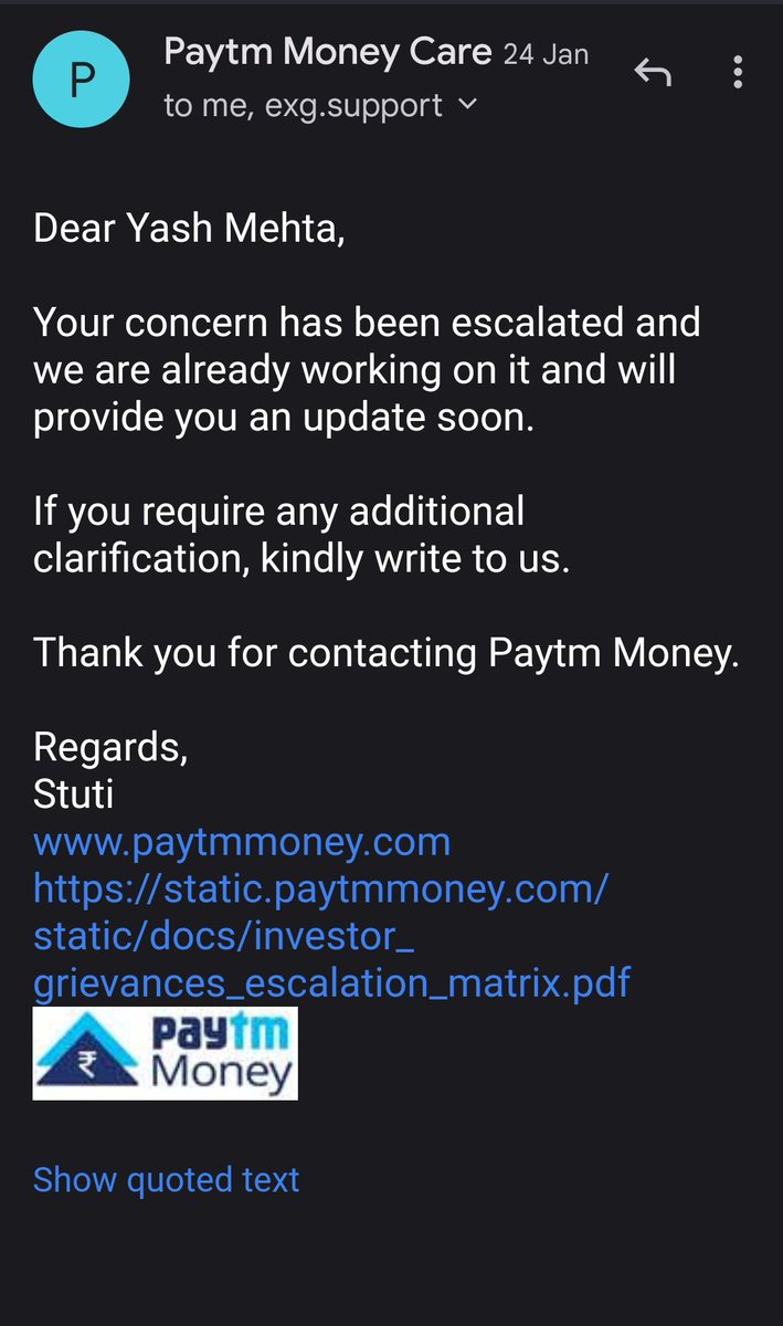 YashSMehta's tweet photo. Facing a terrible experience with @PaytmMoney. Issue raised on 19th January is still unresolved. I have received 7 mails over 2 months from them with the same reply everytime. 

Even escalation to compliance officer does not help. @vijayshekhar @SridharVarun https://t.co/WNi7cvVZVA