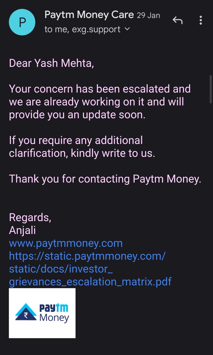 YashSMehta's tweet photo. Facing a terrible experience with @PaytmMoney. Issue raised on 19th January is still unresolved. I have received 7 mails over 2 months from them with the same reply everytime. 

Even escalation to compliance officer does not help. @vijayshekhar @SridharVarun https://t.co/WNi7cvVZVA