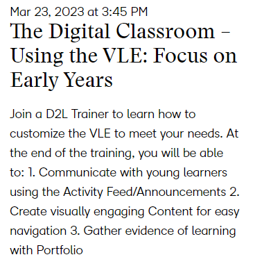 📢 It's your turn, Early Years teachers!  Join <a href="/D2L/">D2L</a>
 today for an exciting webinar about using the VLE with our youngest learners!  Register here rb.gy/jzdqyb to learn #WhyTheVLE #OntE
