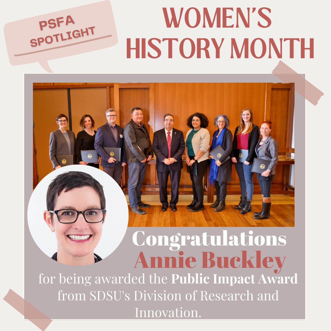 PSFA_SDSU's tweet photo. Congratulations to PSFA's Annie Buckley for winning the Public Impact award at SDSU's Division of Research and innovation's inaugural Outstanding Scholar Awards. For more info, click https://t.co/oHcXmJhaib. #PSFA #SDSU #SDSUArt https://t.co/VArplFNYkj