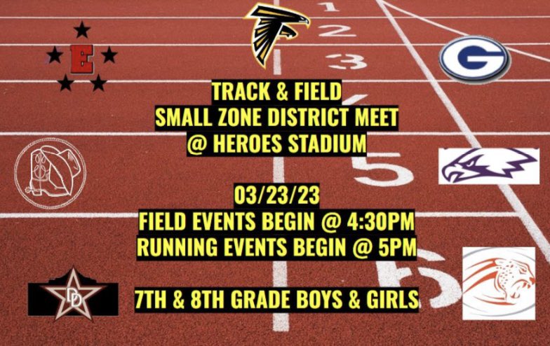 BoysKrueger's tweet photo. Small Zone District Track and Field Championship on the line today! Good luck everybody and GO Falcons!  @NeisdAthletics @PRINCIPALRUBIO @coachperez27 @CrowellChristie @KMSLadyFalcons @etrevi12 @FalconPTA https://t.co/iFX3i05rDQ