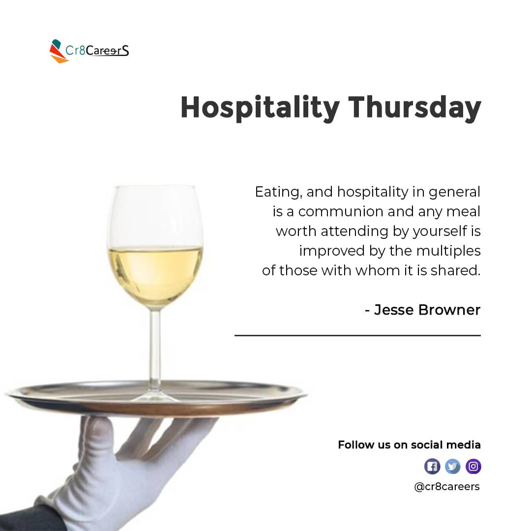cr8careers's tweet photo. Hospitality is the food, drink, and other privileges which some companies provide for their visitors or clients at major sporting or other public events. #hospitalitythursday #cr8careers
#hospitalityservices #customersatisfaction #hoteliers #consulting #consultingfirm #consult https://t.co/tZHE7XEeoq