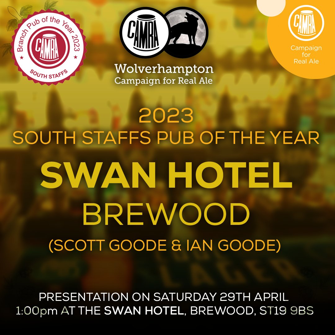 Congratulations to our @CAMRA_Official South Staffordshire Pub of the Year for 2023, the Swan Hotel, Brewood🍻

Also, well done to last year's winners, Love & Liquor, Codsall who are runners up.
#PotY #SouthStaffordshire