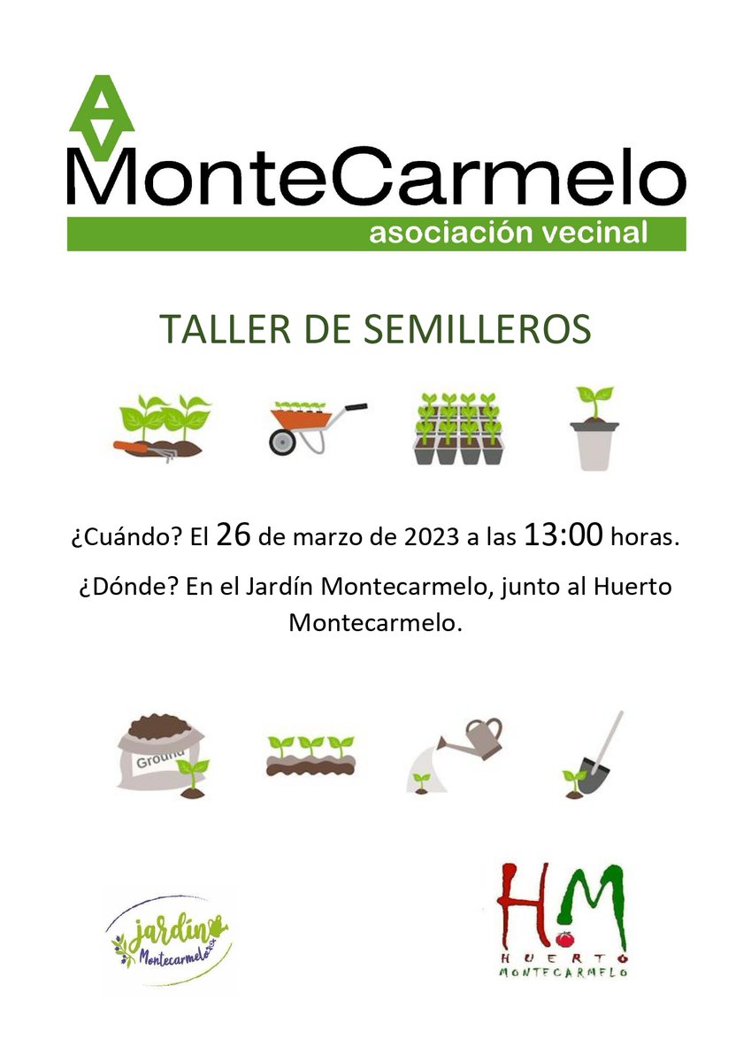 TALLER DE SEMILLEROS

Este domingo 26 de marzo a las 13:00 en el Jardín Montecarmelo.

¿¿Te animas??

#HacemosBarrio #AVMontecarmelo #Montecarmelo #Madrid #FuencarralElPardo #AyuntamientodeMadrid #jardinmontecarmelo