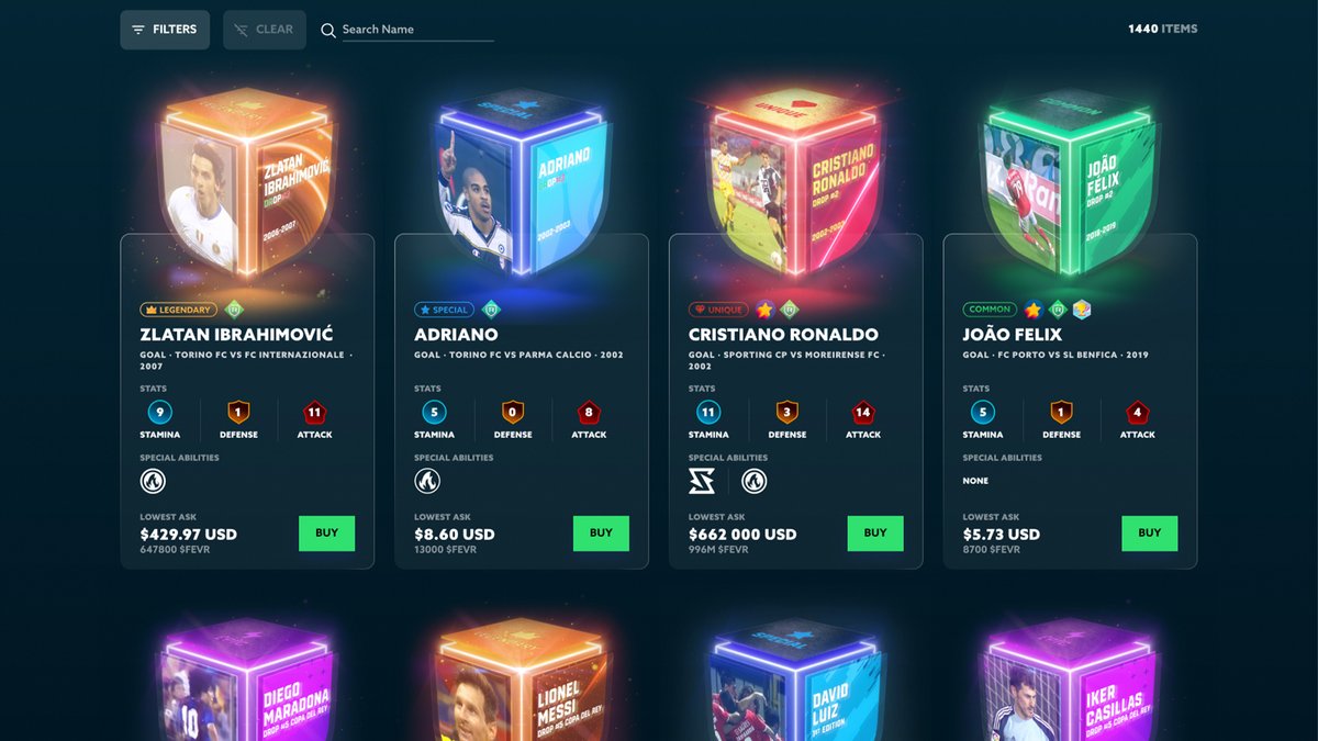 This is what the V3 of our marketplace will look like! 🤩

- Integration of FBA Stats &amp; Abilities;
- Integration of $FEVR as currency;
- Serial numbers for sale will be listed within each moment;

Get ready! More info soon 😀