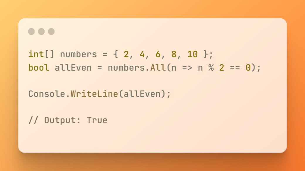 Syntax_stories's tweet image. The All() method in LINQ checks if all the elements in a sequence satisfy a specified condition. It returns a boolean value indicating whether the condition is true for all elements or not.
#csharp #Dotnet #Linq #Programming