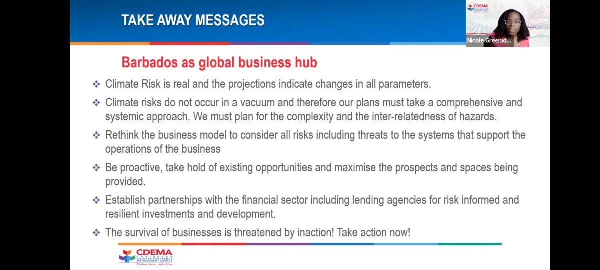 Opportunities and costs of Climate Change for #Barbados and the #Caribbean Region were discussed by Dr. Nicole Greenidge, CDEMA at #BRIM2023. Here are some takeaways.