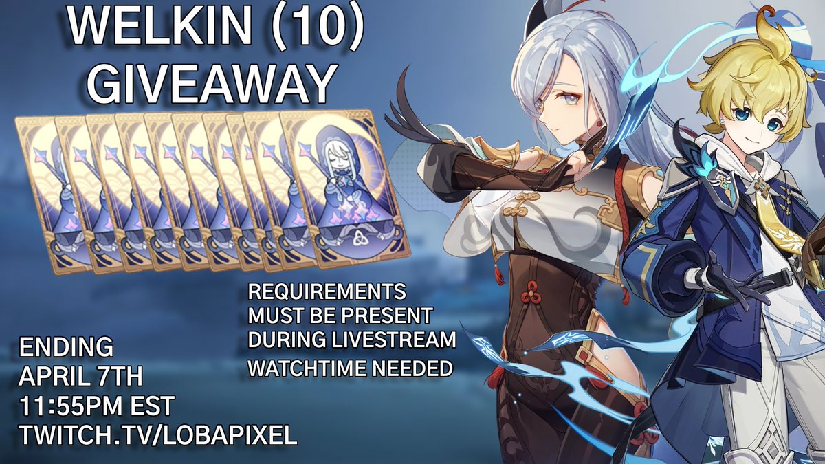 Lobapixel's tweet photo. ✨💫WELKIN GIVEAWAY
 (10 WINNERS) + Mystery gift?💫✨
#genshingiveaway 

✨RT + LIKE + FOLLOW✨
✨Follow https://t.co/MzEoV9419R ✨
✨Enter here for more entries⬇️ https://t.co/LCPxYdWqM7✨

✨Winners will be announced APRIL 7TH 11:55PM EST✨ https://t.co/fMMXbDZHUU