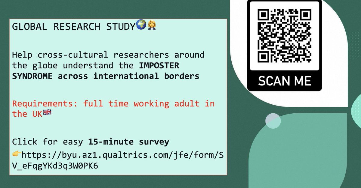 emilyineson_'s tweet photo. GLOBAL RESEARCH STUDY🌍👩‍💼 
Investigating Imposter Syndrome across countries!
- Full time working adults living in the UK🇬🇧
- Quick 15 min survey

👉https://t.co/IEq9MFu4py…

(Would hugely appreciate any retweets!🙏) https://t.co/YJc08EFc3J