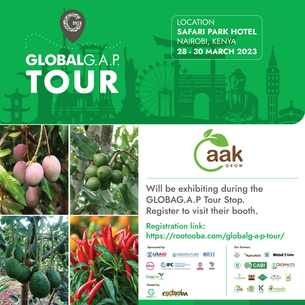 4 Days To Go! Register today for the GLOBALGAP Tour Stop Date: 28-30 March Venue: Safari Park Hotel Register: rootooba.com/globalg-a-p-to…… #GLOBALGAPTourKenya <a href="/GLOBALGAP/">GLOBALG.A.P.</a> <a href="/FPEAK_/">Fresh Produce Exporters Association of Kenya</a>

<a href="/kenya_afa/">Agriculture and Food Authority-Kenya</a> <a href="/Fredmunene_/">Farm With Fred</a> <a href="/Cropnuts/">Crop Nutrition Laboratory Services (Cropnuts)</a> <a href="/Kakuzi_Plc/">Kakuzi Plc</a> <a href="/CABI_Plantwise/">CABI PlantwisePlus</a>