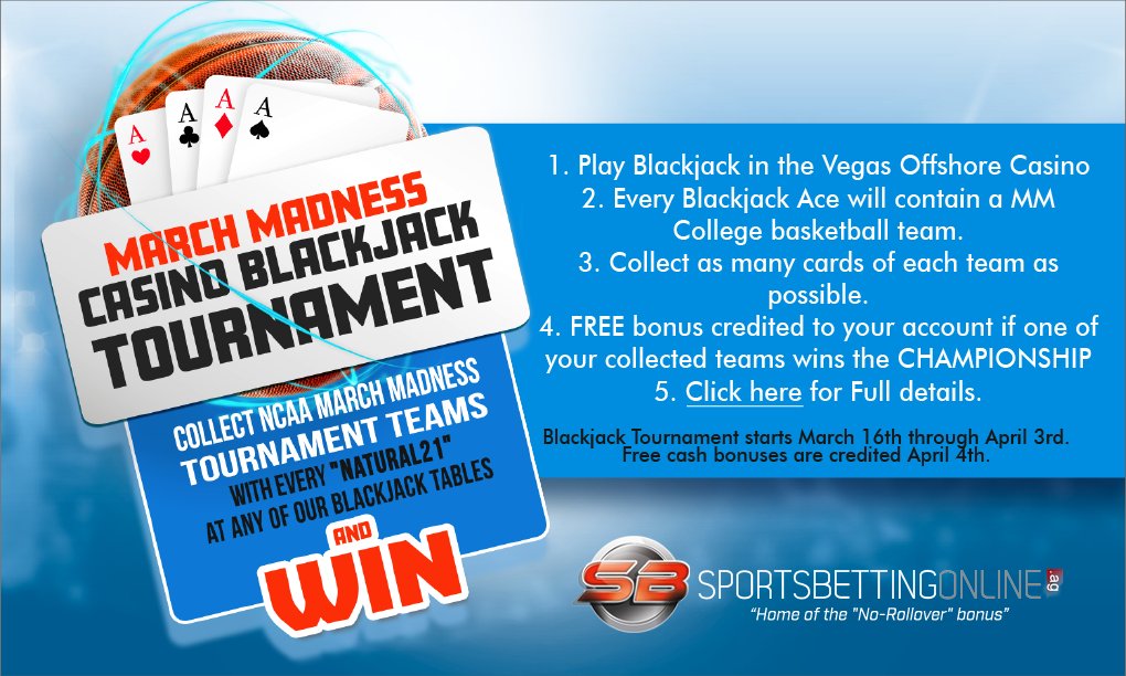 CASINO BLACKJACK TOURNAMENT - MARCH MADNESS  
Follow the 4 steps , enjoy and WIN 🏀🤑

Click here for the tournament details:
buff.ly/3ySc6CY

#NCAAB #bettingsports #casinoonline #PlayBlackJack #sportsbettingonline #SBO