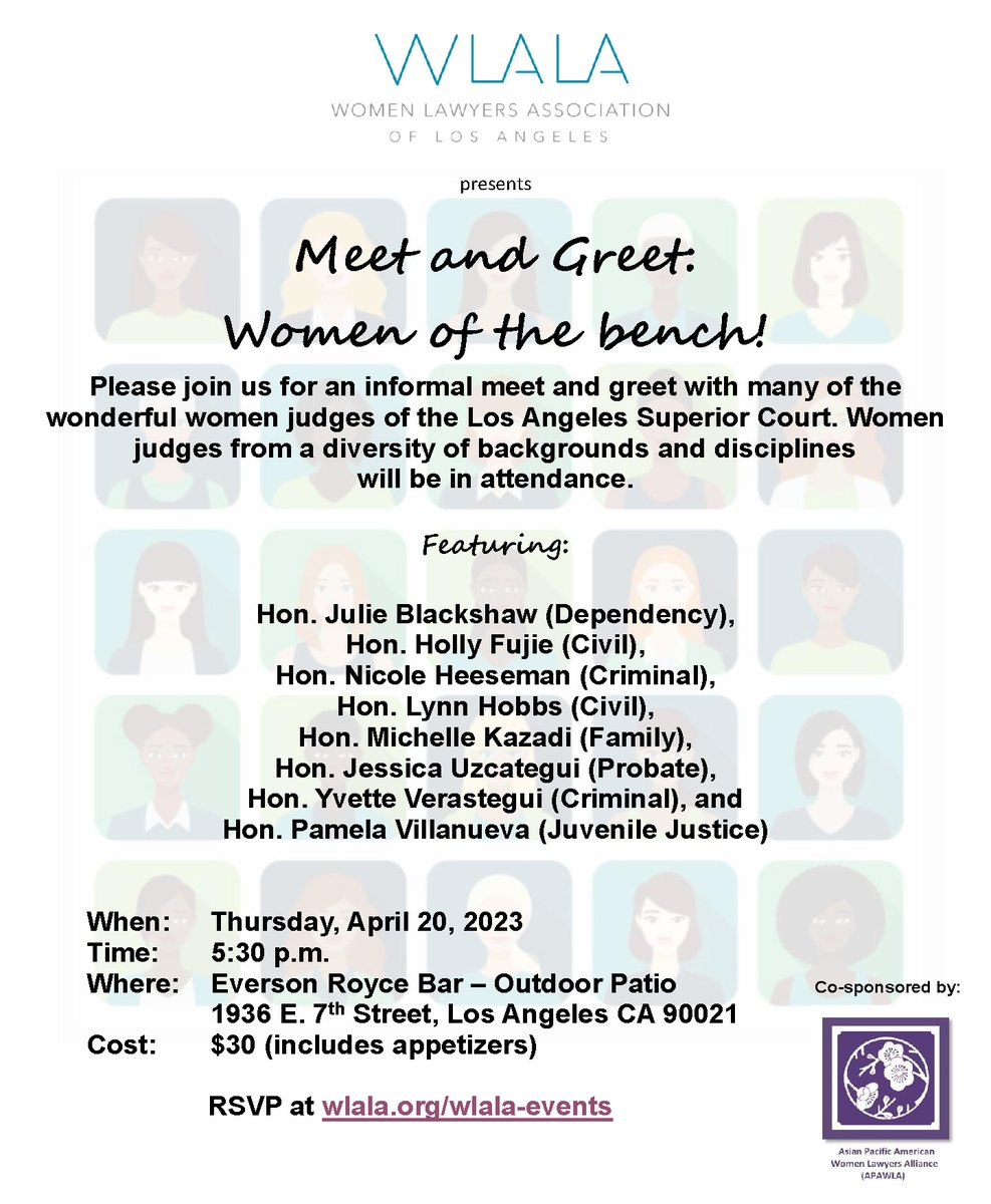 WLALA (@wlalatweets) on Twitter photo Please join us April 20 at 5:30 pm at Everson Royce Bar for an informal meet and greet with many of the wonderful women judges of the Los Angeles Superior Court. RSVP at wlala.org/wlala-events/ <a href="/BWLofLA/">BlackWomenLawyersLA</a> <a href="/_AAWL_/">AAWL</a> <a href="/CWL_tweets/">California Women Lawyers</a> <a href="/LatinaLawyers/">LLBA</a> <a href="/NCWBA/">NCWBA</a> Please join us April 20 at 5:30 pm at Everson Royce Bar for an informal meet and greet with many of the wonderful women judges of the Los Angeles Superior Court. RSVP at wlala.org/wlala-events/ <a href="/BWLofLA/">BlackWomenLawyersLA</a> <a href="/_AAWL_/">AAWL</a> <a href="/CWL_tweets/">California Women Lawyers</a> <a href="/LatinaLawyers/">LLBA</a> <a href="/NCWBA/">NCWBA</a>