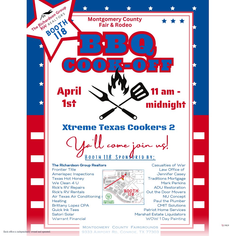ShirleyWeber's tweet photo. 🔥🔥BBQ Cook-off 🔥🔥
Booth 118
Montgomery County Fair &amp; Rodeo
Date: April 1, 2023
Time: 11:00 AM - Midnight 
Location: Montgomery  County  Fairgrounds
9333 Airport Rd, Conroe, TX 77303
Ya'll come join the fun!!!! https://t.co/2OU9K3uIPu