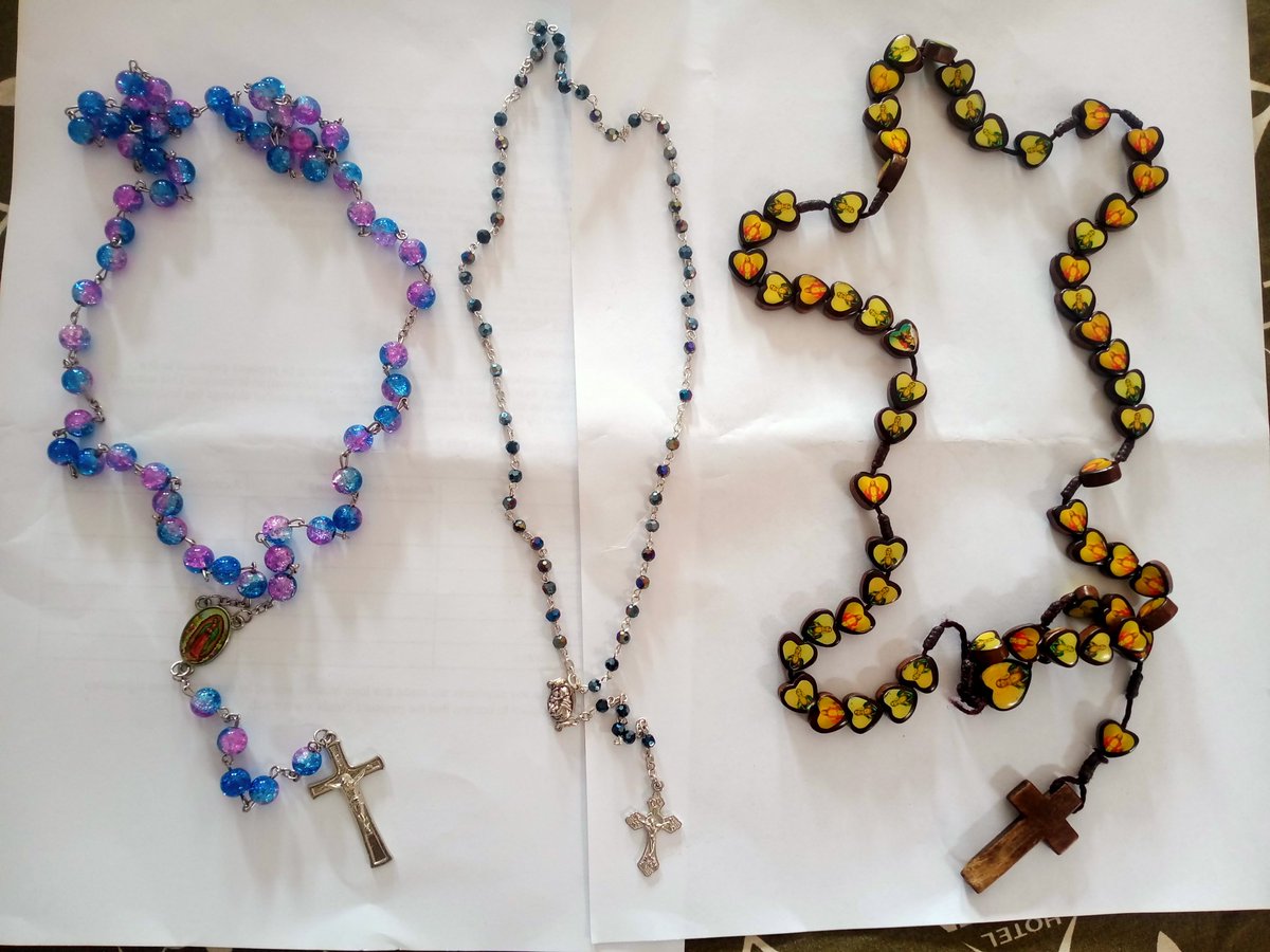 ngozimoguguah's tweet photo. 1. My #rosaries. Cherished gifts. I got the purple blue one from our Assistant Parish priest when I answered a question during mass, the middle one was from Oby a souvenir from St Anthony of Padua Church and the brown one from my brother in whom I am well pleased.
#myweapon https://t.co/dsDMIZtP5n