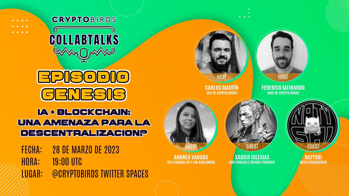 CryptoBirds's tweet photo. 🎙 Crypto Birds #CollabTalks - Episodio Génesis: #IA + #Blockchain ¿Una amenaza para la descentralización?
Estamos muy emocionados de presentar el 1er episodio de nuestro #TwitterSpaces 💣
👉 https://t.co/ANspgYmhKW
📅 Martes 28-3 19Hs UTC (21Hs 🇪🇸 16Hs 🇦🇷 13Hs 🇲🇽) https://t.co/46gCrRhbOe