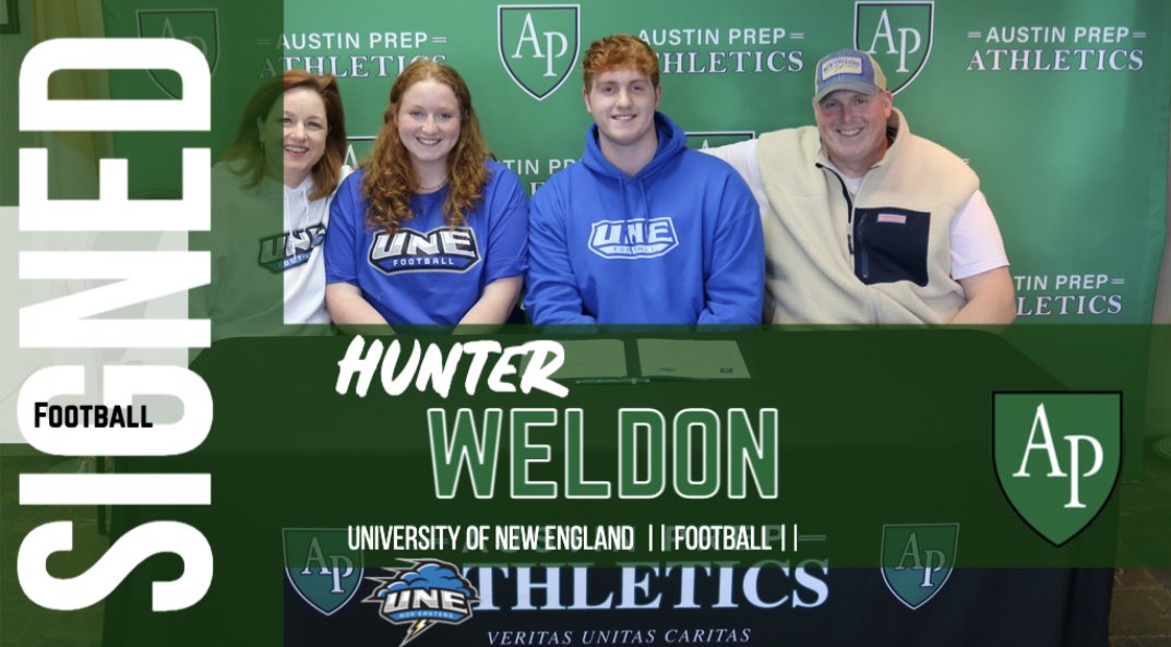 Congratulations to Senior Hunter Weldon of @AustinPrep_FB on signing his Commitment to play Football at the University of New England!!#Unitas #WinningCulture @UNEfootball