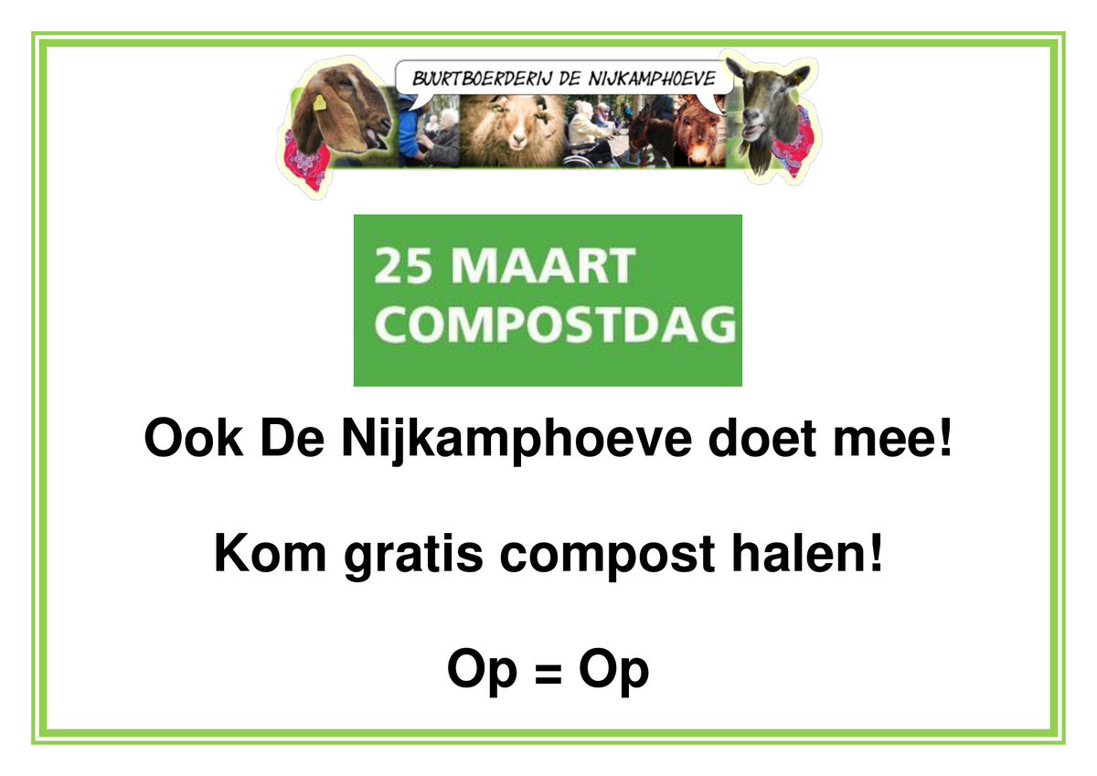 DeNijkamphoeve's tweet photo. Vandaag is het Landelijke #Compostdag. Ook op De Nijkamphoeve kan gratis compost worden opgehaald. Op=op! https://t.co/bFmBJZ0QUq