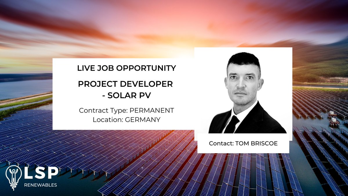 LspRenewables's tweet image. LSP Renewables - Live Job Opportunity
Project Developer - Solar PV
Location: Germany
Contract Type: Permanent 

Apply Here - buff.ly/3lu5U0l 

#lsprenewables #projectdeveloper #solarenergy #germany #solarjobs