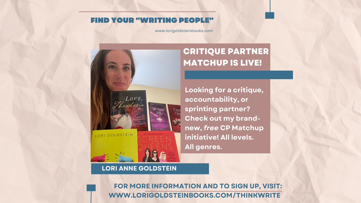 Writing is hard. But you don't have to do it alone. I certainly don't! As part of my Think Write initiative, I'm launching retreats, book coaching, craft lessons, and more. Including my free CP Matchup! Click for more and to sign up! lorigoldsteinbooks.com/thinkwrite
#WritingCommunity