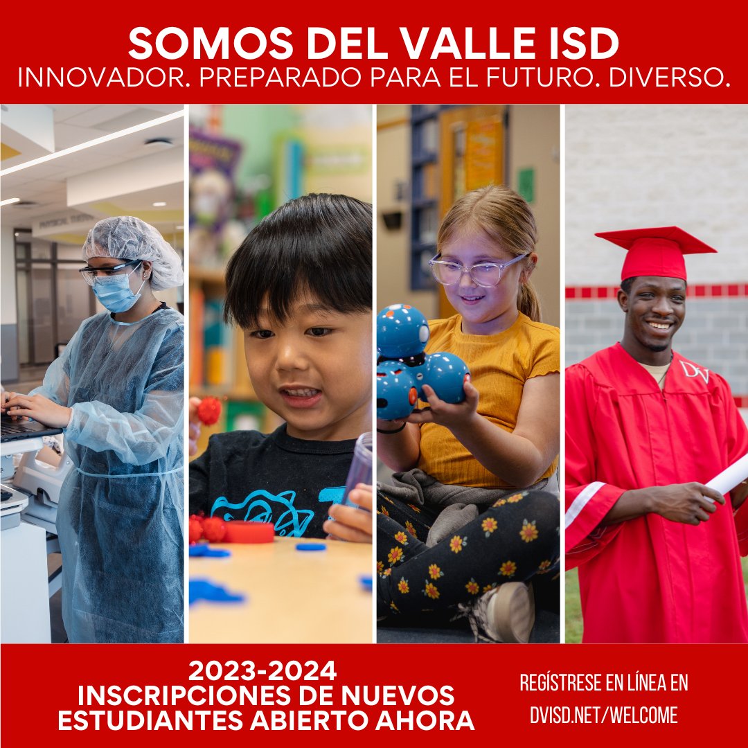 DelValleISD's tweet photo. New student enrollment for the 2023-2024 school year is now open! Visit https://t.co/O1lExUGo7k to enroll.
¡La inscripción de nuevos estudiantes para el año escolar 2023-2024 ya está abierta! Visite https://t.co/O1lExUGo7k para inscribirse. https://t.co/m4Ygxz9Lwu