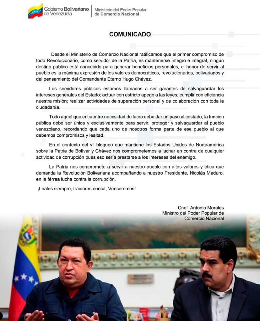¡Cero tolerancia a la corrupción! Desde el <a href="/MinComNacional/">Ministerio de Comercio Nacional</a> ratificamos nuestro compromiso junto al Min. Cnel. Antonio Morales en la lucha emprendida por mi C/J <a href="/NicolasMaduro/">Nicolás Maduro</a> para eliminar la corruptela y antivalores que agreden el bienestar patrio.
#NiCorrupciónNiPrivatización