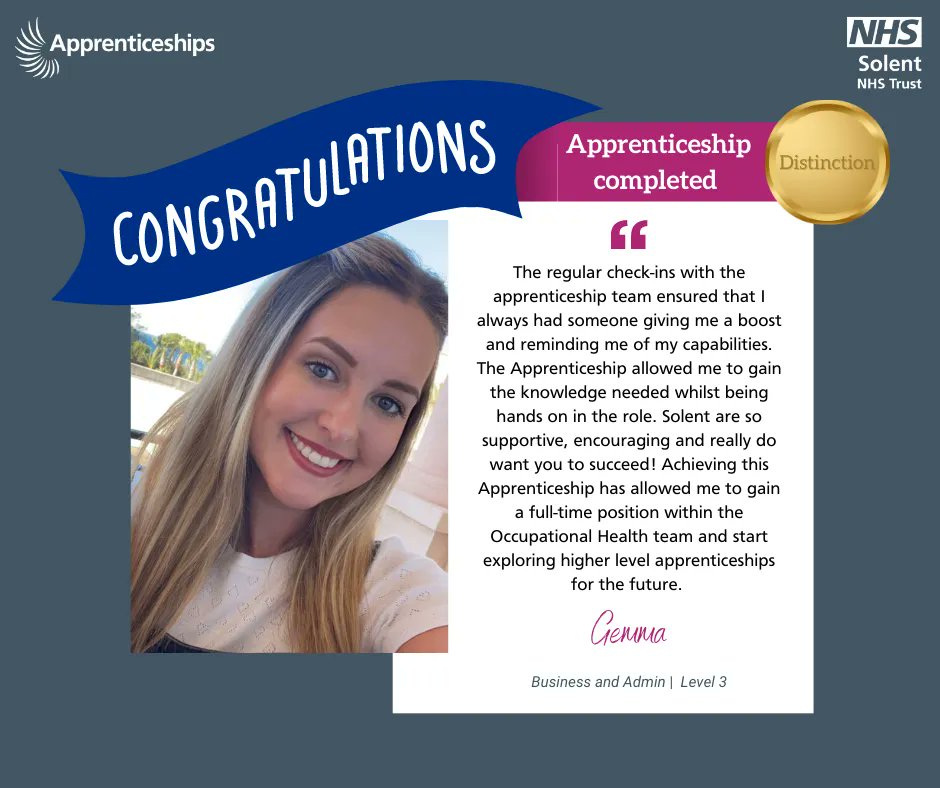 SolentNHSTrust's tweet photo. π₯³ Congratulations π₯³
to Gemma who has completed her Business and Admin Level 3 apprenticeship with a Distinction! #DesignYourCareer with Solent NHS Trust. Contact apprenticeship@solent.nhs.uk to find out more. #OurNHSPeople #HeartOfSolent #Apprenticeships #SolentNHSTrust https://t.co/G3oZd5CU8I