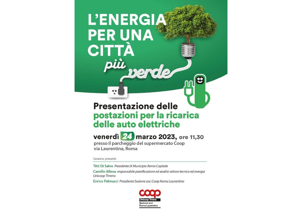 massimolegacoop's tweet photo. #energia per una città più verde. #24marzo @UnicoopTirreno presenta le postazioni per la ricarica delle auto #elettriche. #coop #laurentino #Roma @titti_disalvo https://t.co/T1p172c9pw