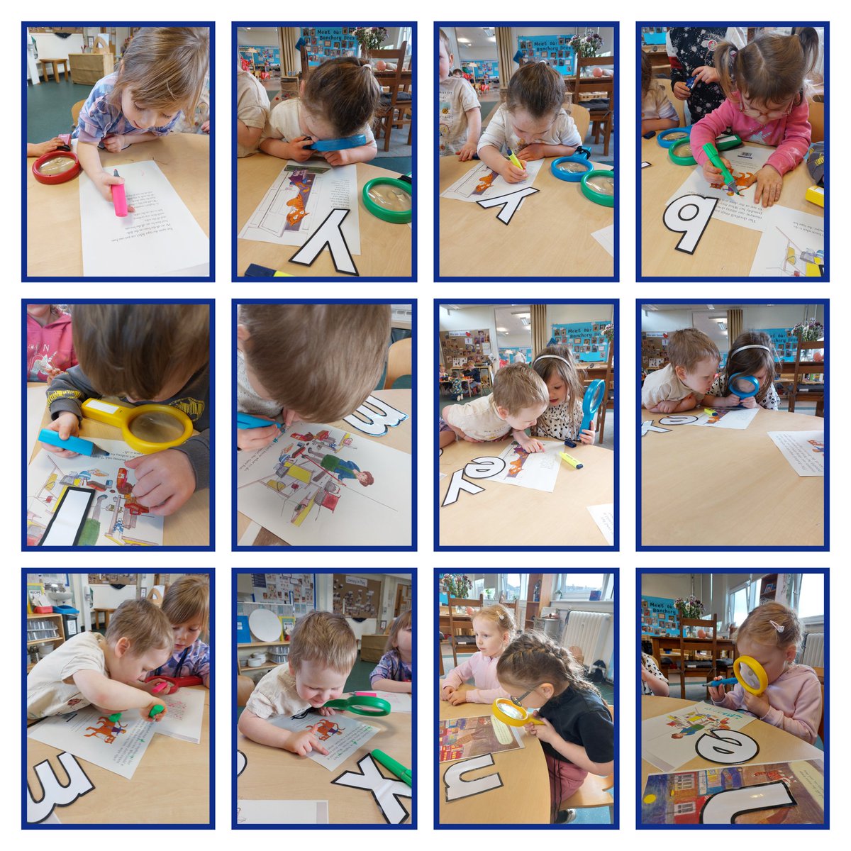 Today we were "Letter Detectives". We picked a letter and tried to find as many of the same in some print then we marked them off. There was lots of "I've found another one and another".  Lots of working together to help their peers in their letter detection.
#literacylearning