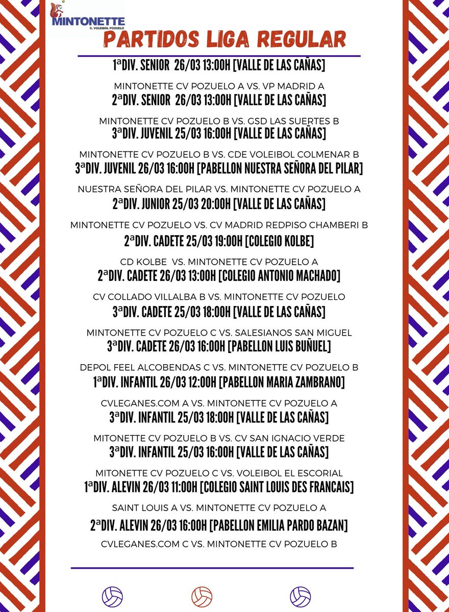 Partidos fin de semana 25/03 y 26/03
Lee más en : clubvoleibolpozuelo.es/publication/15…