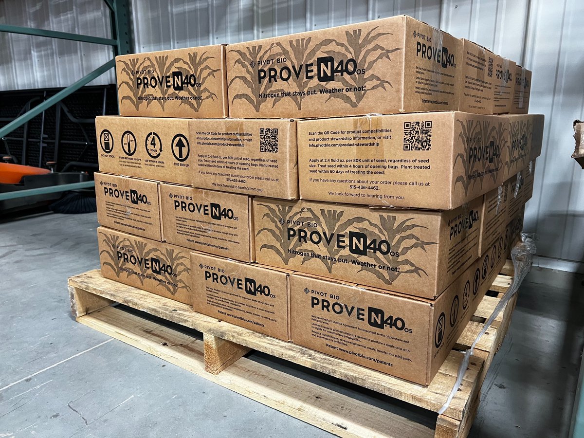 Coming to your farm in '23: Breakthrough microbe technology from <a href="/pivotbio/">Pivot Bio</a> &amp; Red Barn Enterprises. This pallet of #Proven40 equates to 19+ semi loads of 32% nitrogen! If you haven't explored this more efficient, more predictable form of nitrogen there is no time like the present.