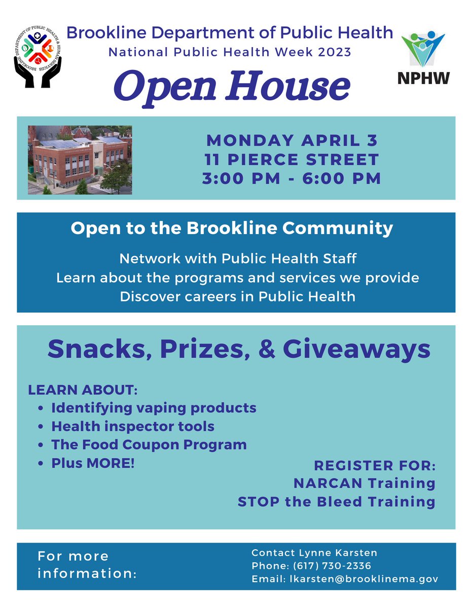 Mark your calendars for the upcoming Open House event hosted by the Brookline Department of Public Health and Human Services.

Great Giveaways include free golf passes to the Brookline Golf Course, free swim passes to the Evelyn Kirrane Aquatic Center, and gift baskets!