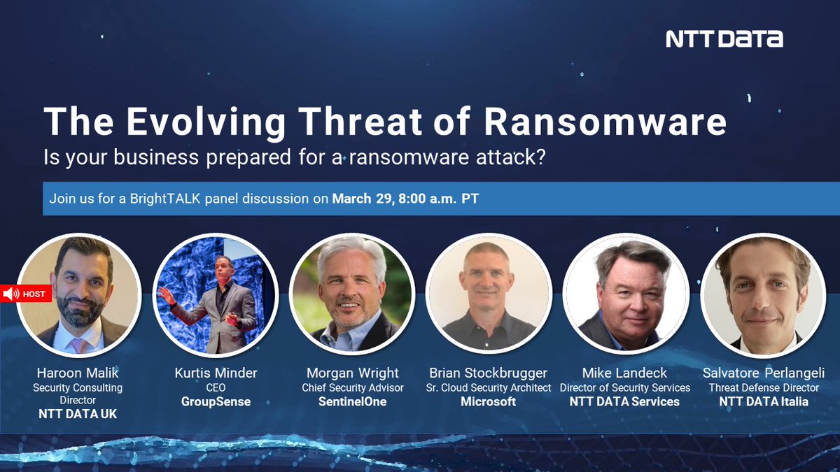 devid_v's tweet photo. RT @NTTDATAServices: Ransomware operators want victims to panic and lose sensitive data. Join our #BrightTALK session on the evolving nature of #ransomware and ways to prevent it. https://t.co/E1pKTmHVu5

@NTTDATA, @NTT_DATA_UK, @NTTDATA_IT, @Microsoft,… https://t.co/l1cKUS5Az2