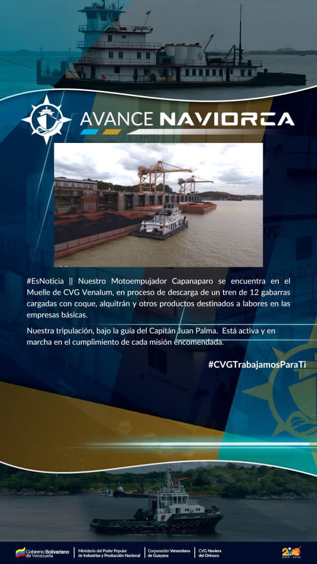 cvg_naviorca's tweet photo. #Enterate #AvanceNaviorca || Nuevas acciones de nuestra empresa en pro de la producción nacional. M/E Capanaparo en labores de descarga de minerales en el muelle de @VENALUM_CVG
#NiCorrupcionNiPrivatizacion https://t.co/0TYH3N5bvr