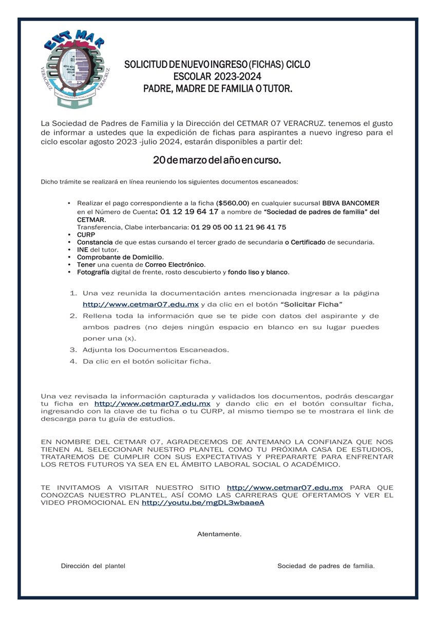 CETMAR_07's tweet photo. Estimada comunidad educativa 
Compartimos con ustedes la información correspondiente a la expedición de fichas para aspirantes a nuevo ingreso al ciclo escolar 2023-2024
Enlaces:
 https://t.co/JHDNuUlaSa
 https://t.co/oBWSsUIYWa https://t.co/aRxx7GBysJ